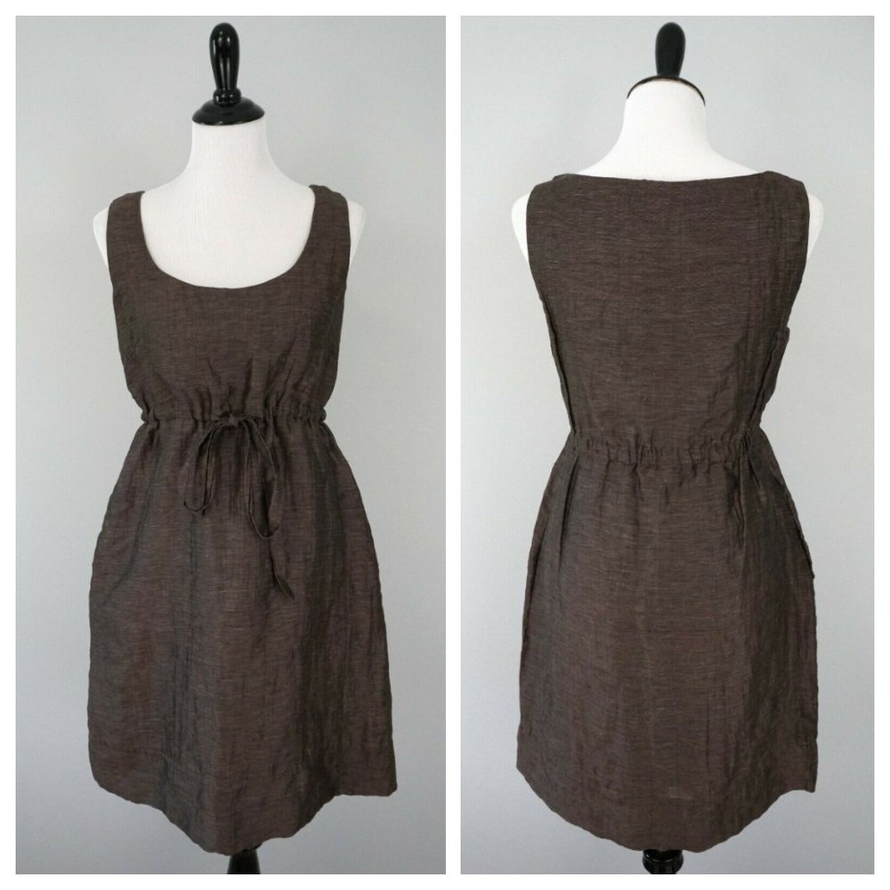 SUZI CHIN Linen Blend Brown Draw String Waist Fit & Flare A-Line Dress Size 6